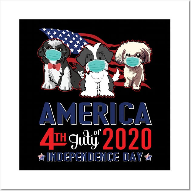 Shih Tzu Dogs With US Flag And Face Masks Happy America 4th July Of 2020 Independence Day Wall Art by Cowan79